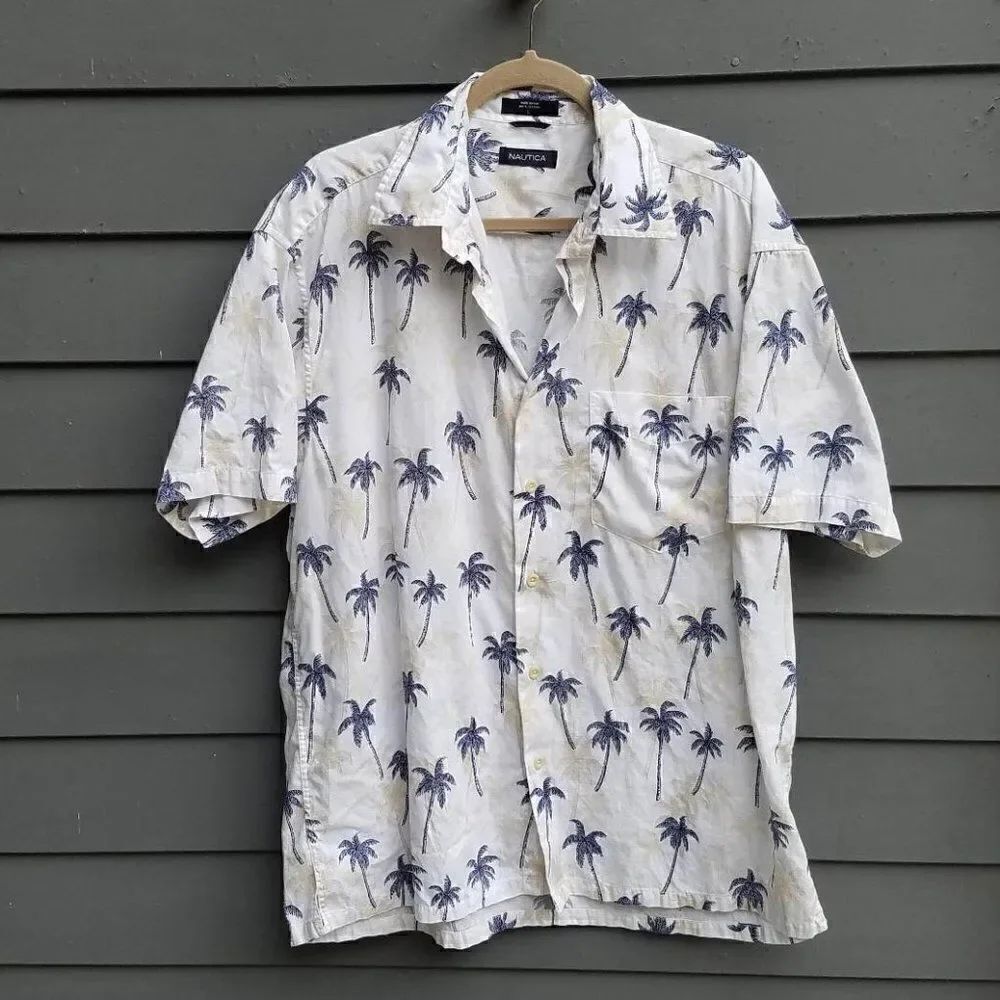 Mens Nautica Cotton White Tropical Shirt with Palm Trees Size Large